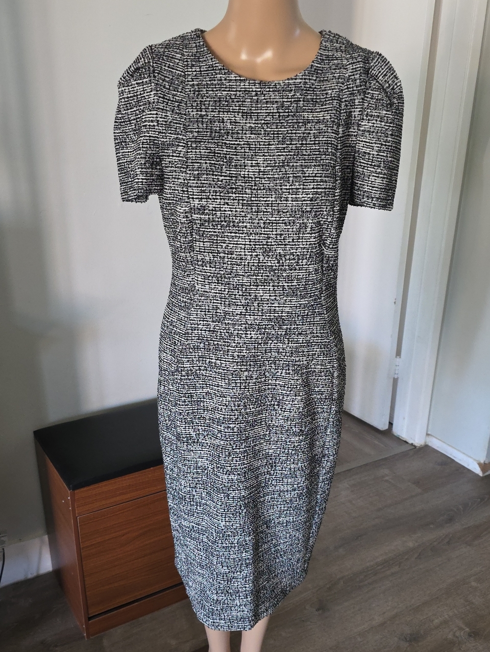 Calvin Klein Black and White Tweed Midi Sheath Dress